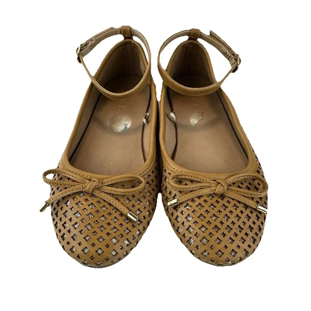 Sugar Evelyn Ballet Flats Girls Sz 2M Tan Brown Buckle Strap Bow Glitter